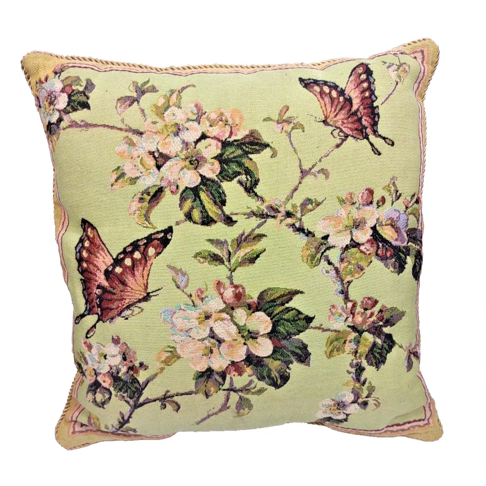 Set of 2 VTG Tapestry Throw Pillows Butterflies Blossoms 18 X 18